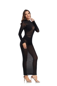 Detailansicht des transparenten schwarzen Netzstoffs und des schmalen Langarmkleid-Designs