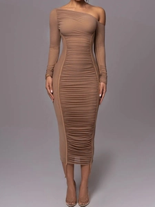 Women Sexy One Shoulder Ruched Mesh Midi Dress Elegant Long Sleeve Bodycon Party Dress Slim Fit Solid Color Cocktail Dress