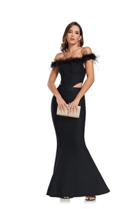 Detailed view of elegant ostrich feather off-shoulder bodice and fishtail dress hemline