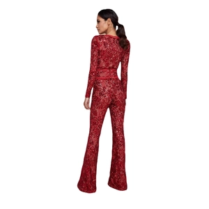 Elegant red lace sequin jumpsuit with flared sleeves and lace-up back detail for women