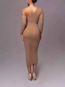 Elegant brown one-shoulder long sleeve bodycon knit midi dress shown from the back view