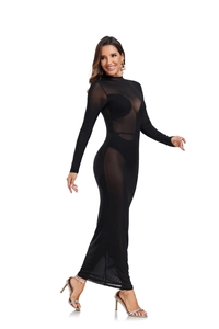 Detail des hochgeschlossenen Netzgewebes am sexy schwarzen Langarm-Bodycon-Kleid