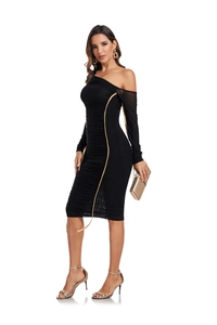 Detail of elegant black mesh one-shoulder party dress with metallic gold trim and ruching