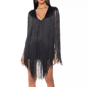 Women Sexy V Neck Long Fringe Mini Dress Sleeveless Back Zipper Solid Black Bodycon Party Clubwear Performance Short Dress
