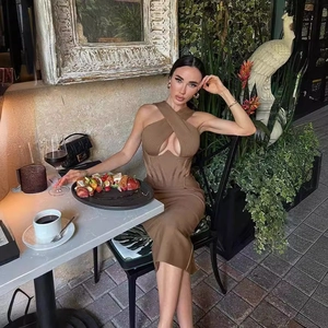 Sexy brown cutout halter bandage midi dress with criss-cross neckline and ribbed knit fabric