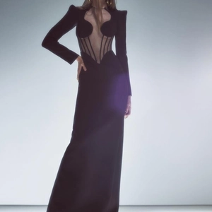 Women Sexy Black Sheer Mesh Patchwork Long Sleeve Evening Dress Elegant Bodycon Corset Party Gown With Shoulder Pads And Slit