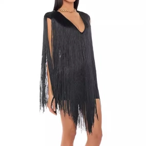 Elegant black deep V-neck fringe dress with cape-style sleeves and long tassels