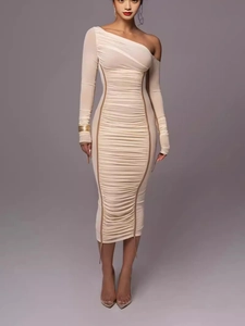 Elegant one-shoulder ruched bodycon party dress in beige with long sleeves and midi length