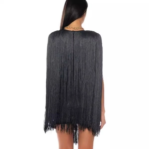 Elegant black fringe V-neck dress with dense layers and back zipper for women