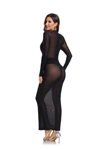 Rückansicht des sexy schwarzen figurbetonten Mesh-Kleides mit langen Ärmeln und Stehkragen