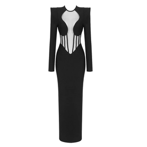 Sexy black long sleeve mesh patchwork bodycon bandage maxi dress for evening party