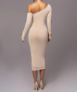 Rear view of sleek one-shoulder beige bodycon dress showing slim fit and midi length