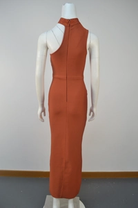 Rear view of orange bodycon dress with rhinestone neck and hidden back zipper