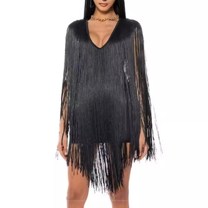 Elegant black deep V-neck fringe dress with long layered tassels for party wear