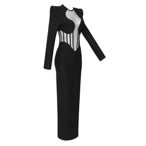 Sexy black bodycon evening dress with sheer mesh patchwork and long sleeves for parties