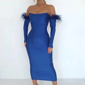 Elegant Off-Shoulder Feather Long Sleeve Bandage Midi Dress Women Sexy Backless Bodycon Party Evening Dress Navy Blue