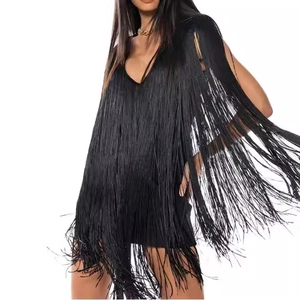 Elegant black V-neck fringe dress with long tassels for parties and dance events