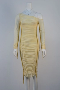 Detail view of cream ruched one shoulder midi dress with elegant side drawstring ties