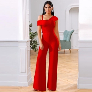 Women Sexy One Shoulder Sleeveless Crop Top And High Waist Wide Leg Pants Top And Bottom Solid Color Polyester Party Outfits