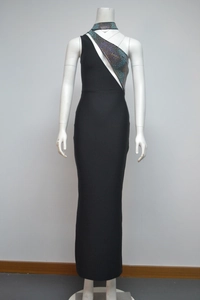 Detail of sexy one-shoulder evening gown with colorful rhinestone cut-outs and neck collar
