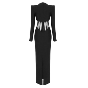 Elegant black long sleeve bandage dress with mesh waist inserts and back split detail