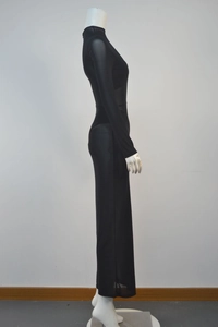 Seitenansicht eines sexy schwarzen engen Kleides mit transparenten Netzärmeln und Stehkragen