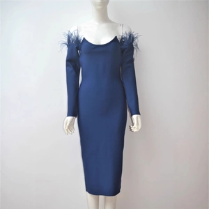 Navy blue off-shoulder bandage dress with feather trim on sleeves and a slim fit midi length