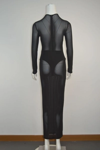 Rückansicht eines transparenten schwarzen Mesh-Maxikleids mit Stehkragen und Reißverschluss
