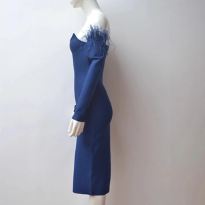 Sexy dark blue off-shoulder bodycon bandage dress with feather sleeves and open back