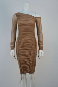 Detail of ruched brown bodycon dress with asymmetric off-shoulder and mesh fabric texture