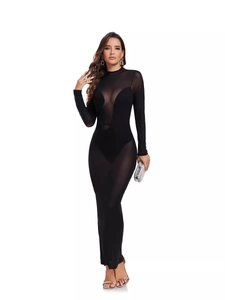 Damen Sexy Mesh Durchsichtig Bodycon Maxikleid Langarm Stehkragen Transparent Club Nachtleben Party Abendkleid Schwarz