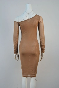 Detail of sheer brown mesh fabric and ruched sleeves on an asymmetrical party dress