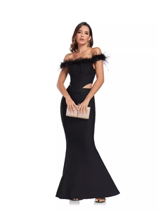 Women's Sexy Off-Shoulder Feather Trim Top And Mermaid Maxi Skirt Top And Bottom Elegant Evening Party Bodycon Outfit