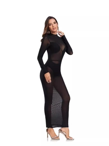 Sexy schwarzes transparentes Netzkleid mit langen Ärmeln, Stehkragen und Innenfutter