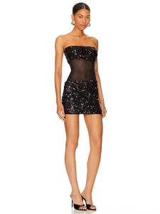 Abito Mini da Donna Sexy Nero con Paillettes Tubino Slim Fit Inserti in Rete Senza Spalline Party Banchetto Bodycon Cocktail Clubwear