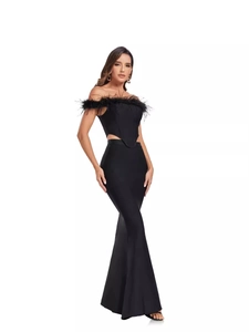 Elegant two-piece black bandage set with ostrich feather off-shoulder top and mermaid skirt
