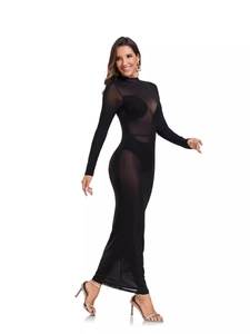 Sexy schwarzes, transparentes Maxikleid aus Mesh mit langen Ärmeln für Party und Club