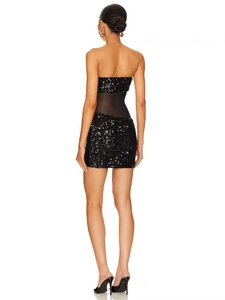 Mini abito a fascia nero con paillettes e dettaglio in rete trasparente sul retro