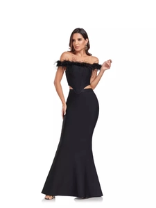 Elegant black off-shoulder fishtail maxi dress with luxurious ostrich feather trim