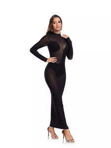 Elegantes schwarzes langärmliges Maxikleid aus Mesh für Abendclubs und Fashion-Partys