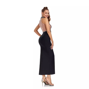 Elegant black bandage maxi dress with sheer mesh back and silver rhinestone detailing