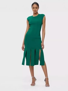 Robe Bandage Femme Sexy Vert Émeraude Ajourée Dos Nu Avec Ceinture à Boucle Métallique Fente Latérale Robe Midi de Soirée