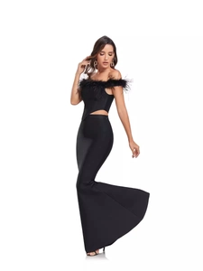Elegant black two-piece set with off-shoulder ostrich feather top and fishtail maxi skirt