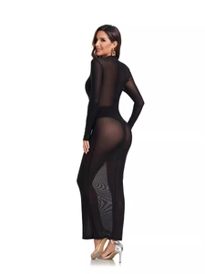 Sexy schwarzes langärmliges Mesh-Bodycon-Kleid für Nachtclubs mit transparentem Stehkragen