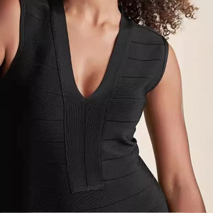 Damen schwarzes ärmelloses Bandage-Bodycon-Kleid mit tiefem V-Ausschnitt für Party