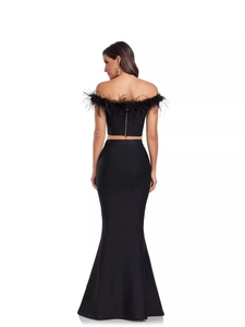 Elegant black two-piece bandage set with ostrich feathers and a mermaid maxi skirt