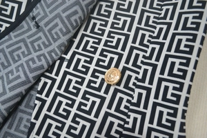 Detail of jacquard fabric with geometric maze pattern and golden lion head metal button