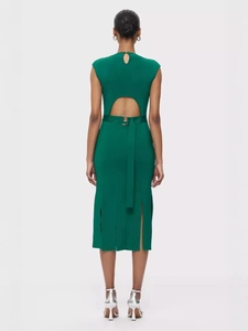 Robe de soirée bandage verte dos nu élégante avec détails de ceinture et fente