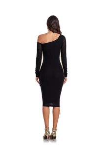 Elegant black off-shoulder bodycon dress with gold side fringe and long sleeves for parties