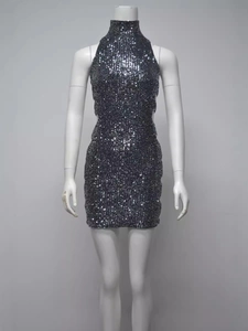 Sparkly sequin sleeveless mini bodycon dress with high neck halter for party and evening events